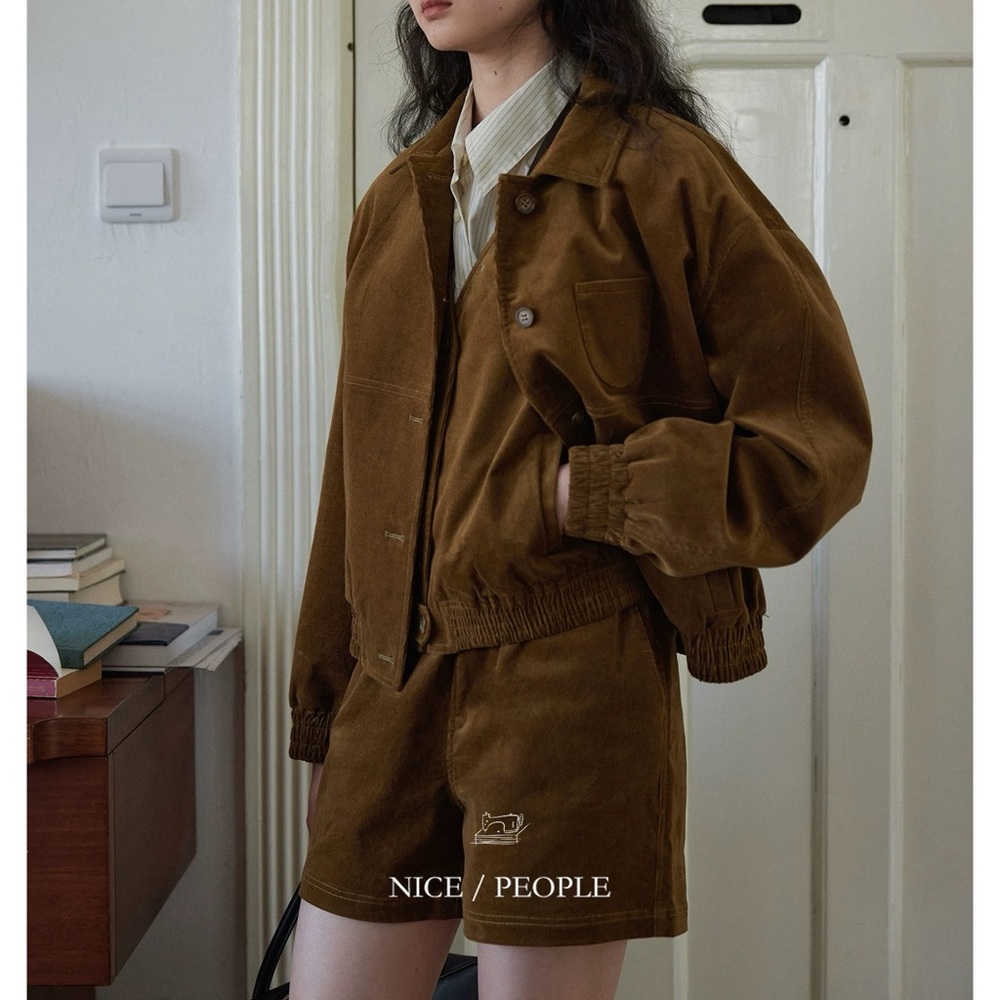 Brown Corduroy Jacket and Shorts Set